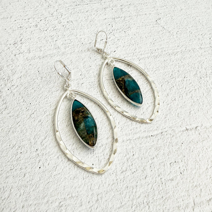 Teal Mojave and Hammered Marquise Dangle Earrings in Silver