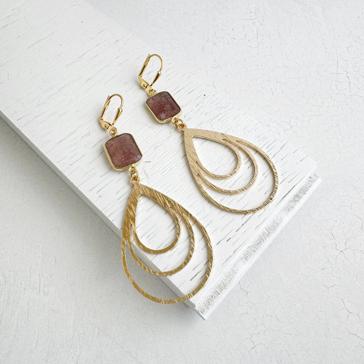 Strawberry Quartz Multiple Teardrop Earrings in Brushed Gold