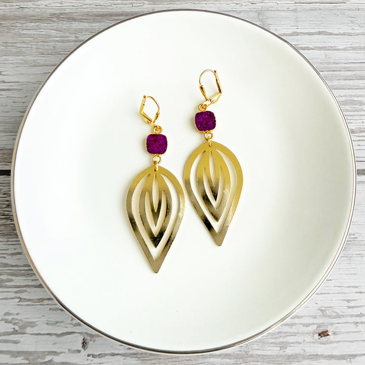 Fuchsia Druzy and Layered Teardrop Statement Earrings in Gold