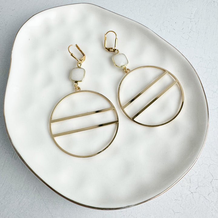 Geometric Hoop Earrings with White Quartz Stones