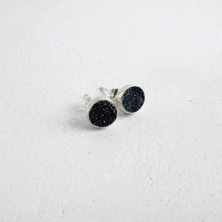 Black Druzy Dot Stud Earrings in Gold and Silver