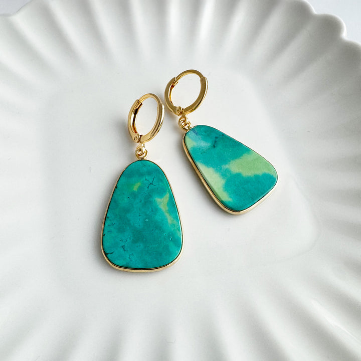 Statement Gemstone Slice Drop Earrings in Gold - Turquoise