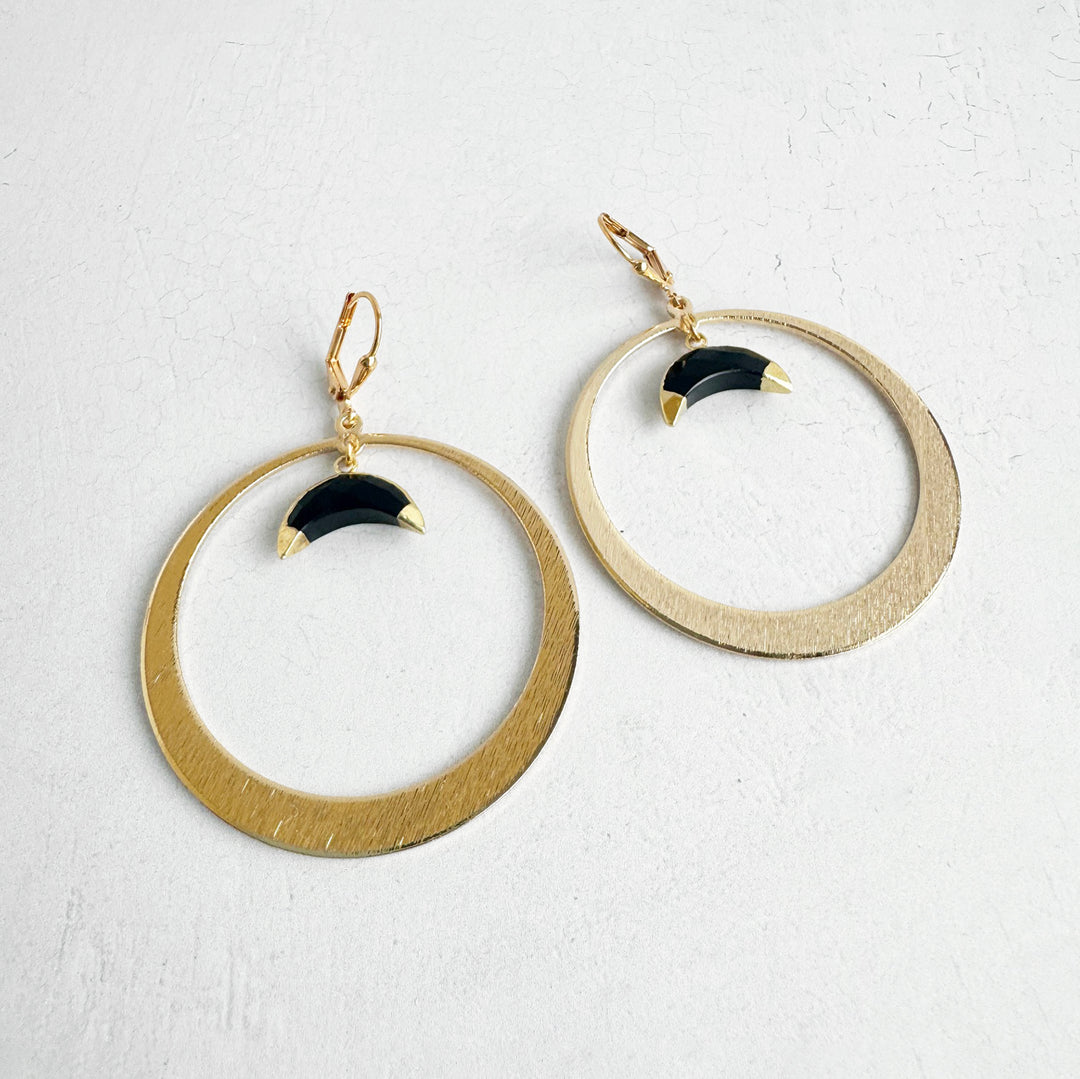 Black Onyx Crescent Hoop Earrings in Brushed Gold