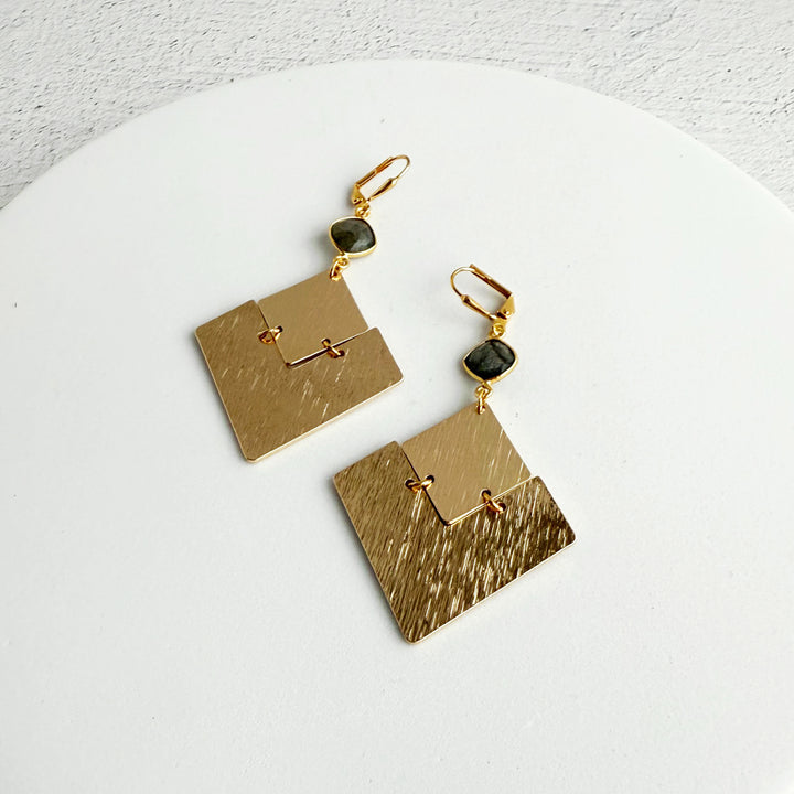 Labradorite Diamond Pendant Statement Earrings in Brushed Gold