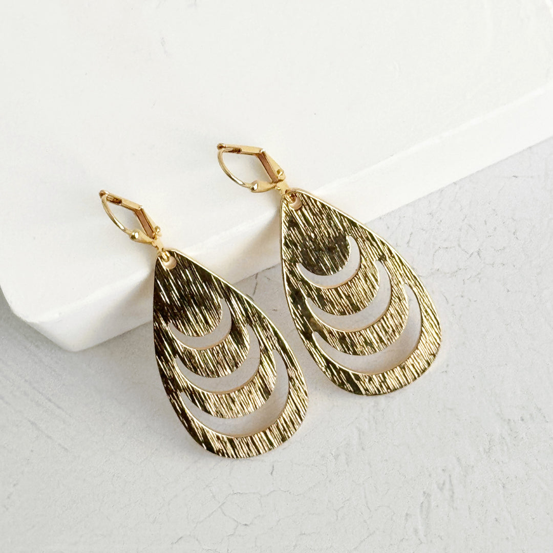 Teardrop Earrings with Crescent Cutouts in Brushed Gold