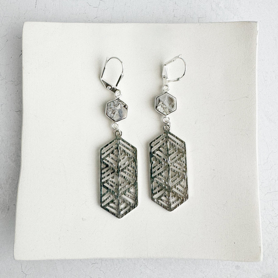 Elongated Hexagon and White Mojave Earrings in Brushed Gold and Silver