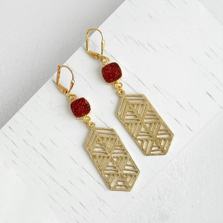 Elongated Hexagon and Orange Druzy Earrings in Brushed Gold or Silver