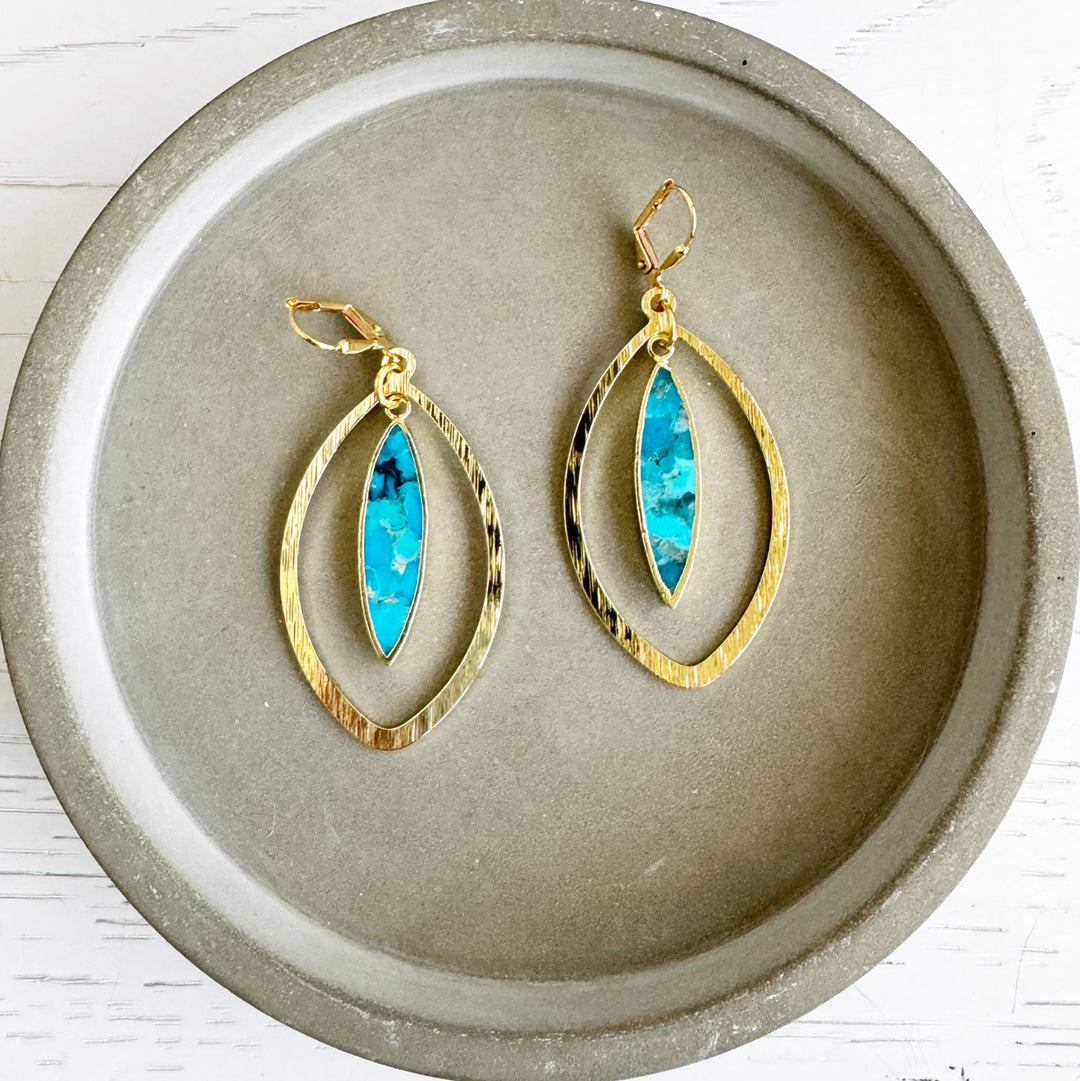 Turquoise Marquise Dangle Earrings in Brushed Gold