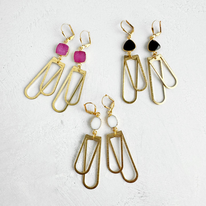 Double Horseshoe Gemstone Earrings in Brushed Gold