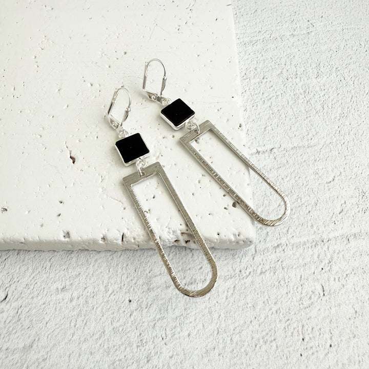 Black Onyx Horseshoe Dangle Earrings in Brushed Silver