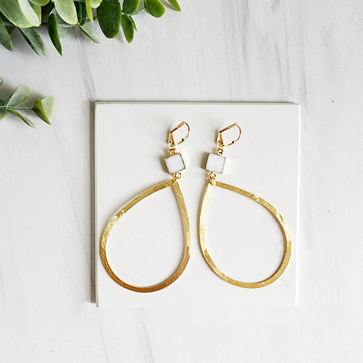 Large Teardrop and White Agate Dangle Earrings in Brushed Brass Gold