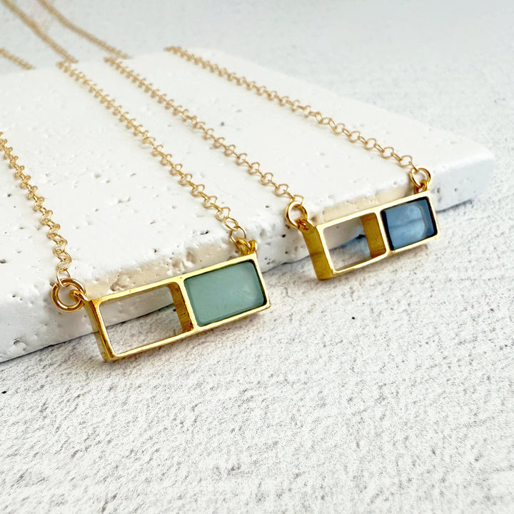 Rectangle Window Gemstone Pendant Necklace in Gold