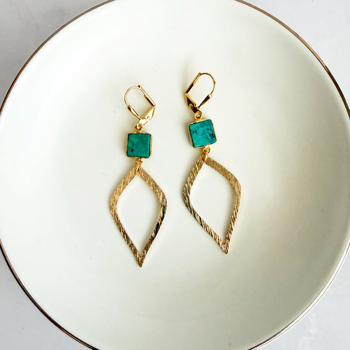 Tibetan Turquoise Halo Drop Dangle Earrings in Brushed Gold