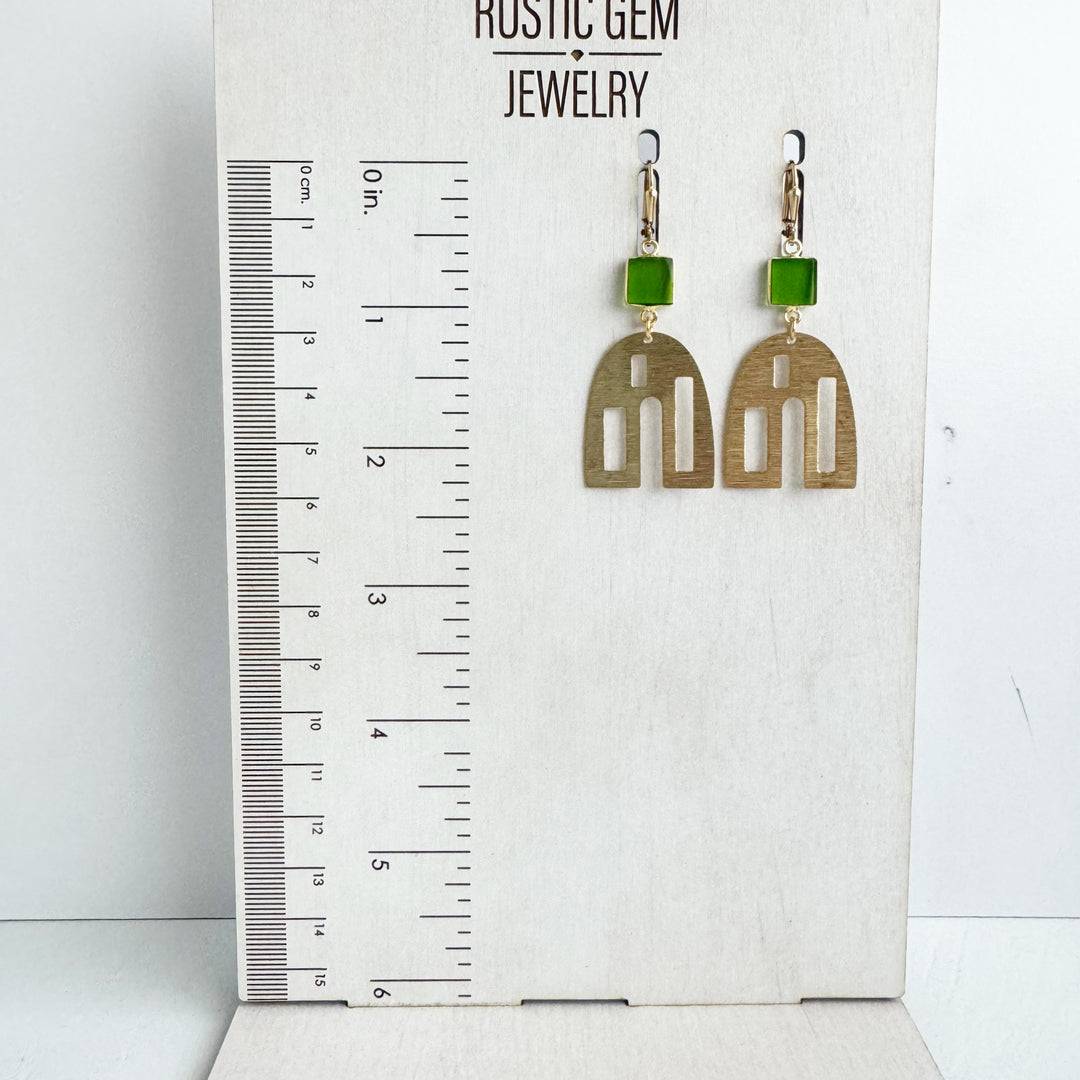 Green Stone and Brushed Brass Unique Dangle Earrings