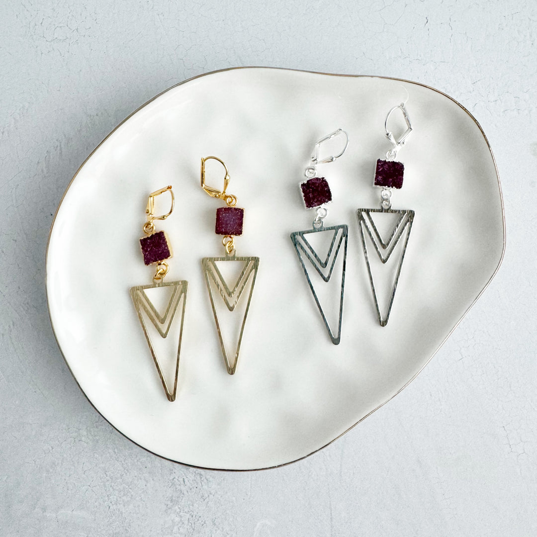 Burgundy Druzy and Layered Triangle Earrings in Brushed Silver or Gold