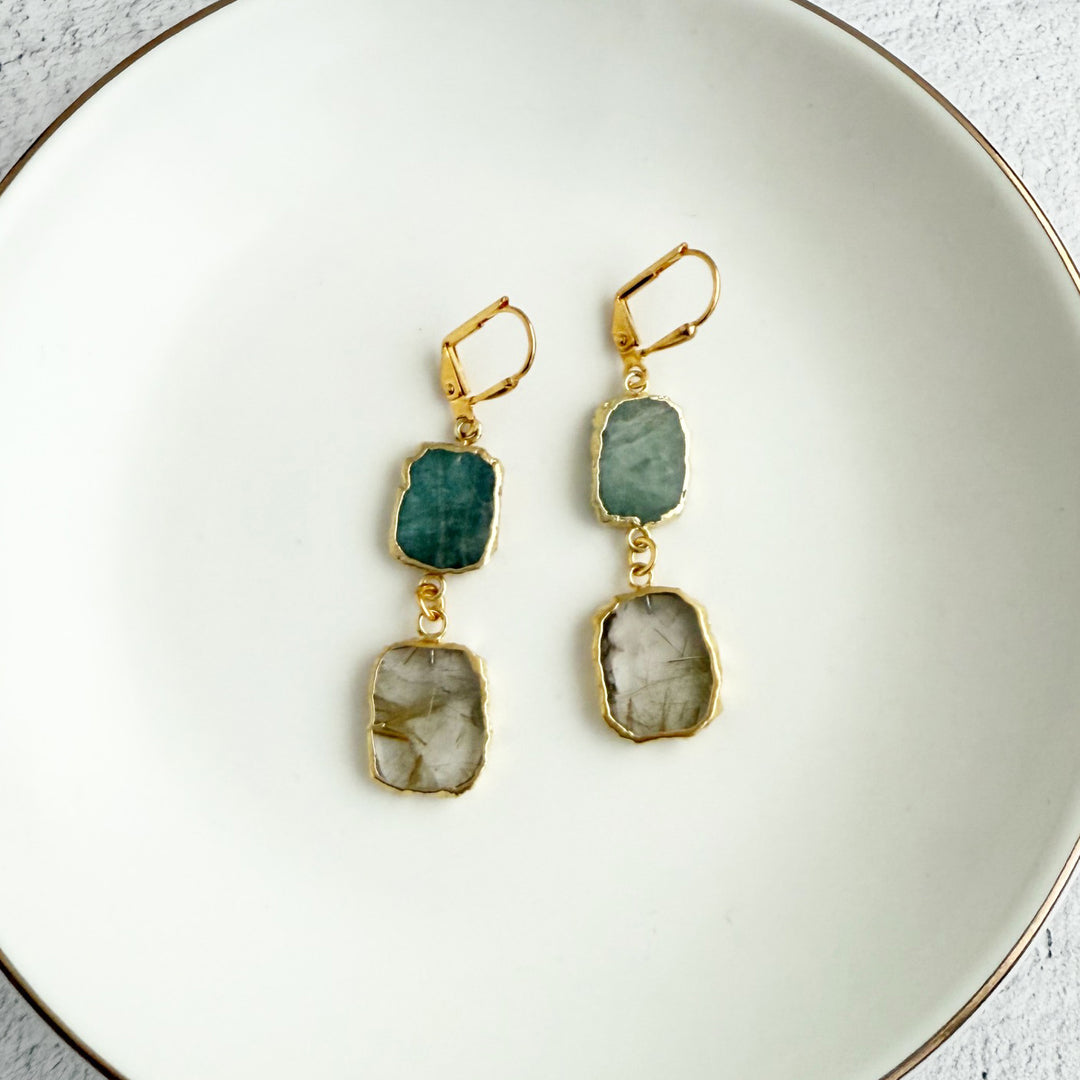 Long Freeform Gemstone Drop Earrings in Gold with Rutilated Quartz and Aquamarine