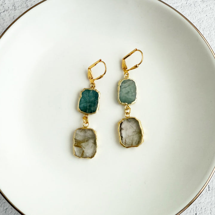 Long Freeform Gemstone Drop Earrings in Gold with Rutilated Quartz and Aquamarine