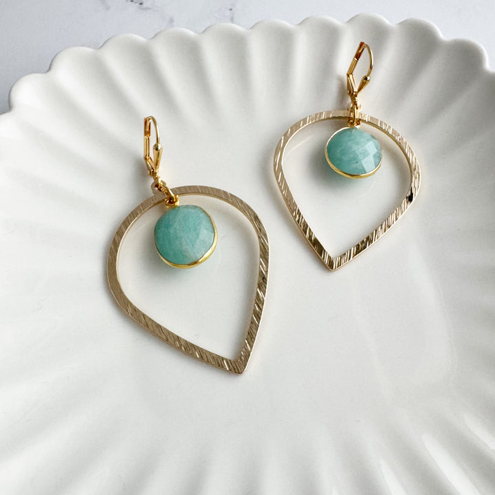 Amazonite Stone and Brushed Gold Inverted Teardrop Statement Earrings