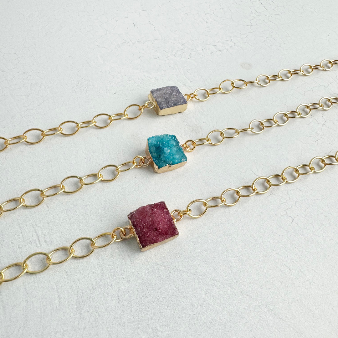 Druzy Square Bracelet with Chunky Gold Chain