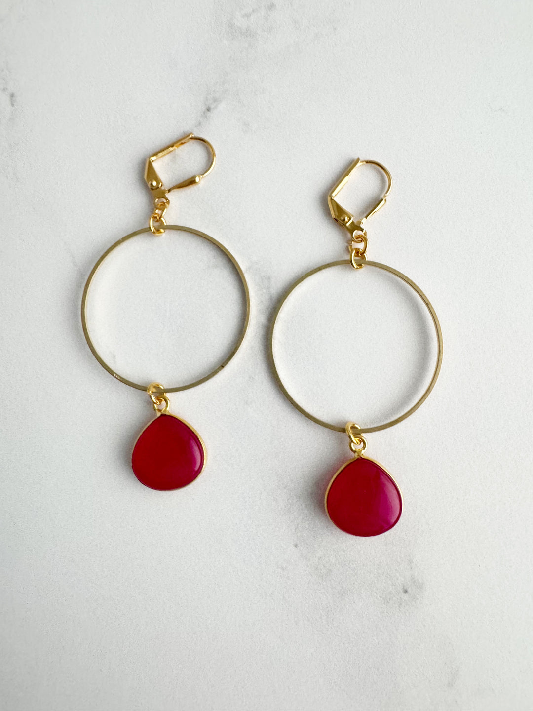 Fuchsia Chalcedony Teardrop Hoops in Gold