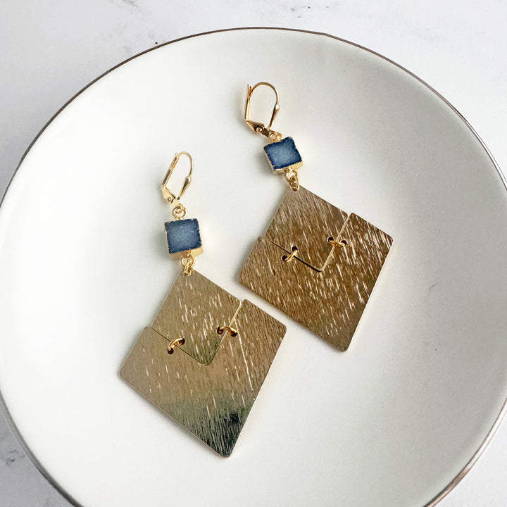 Blue Druzy Diamond Pendant Statement Earrings in Gold