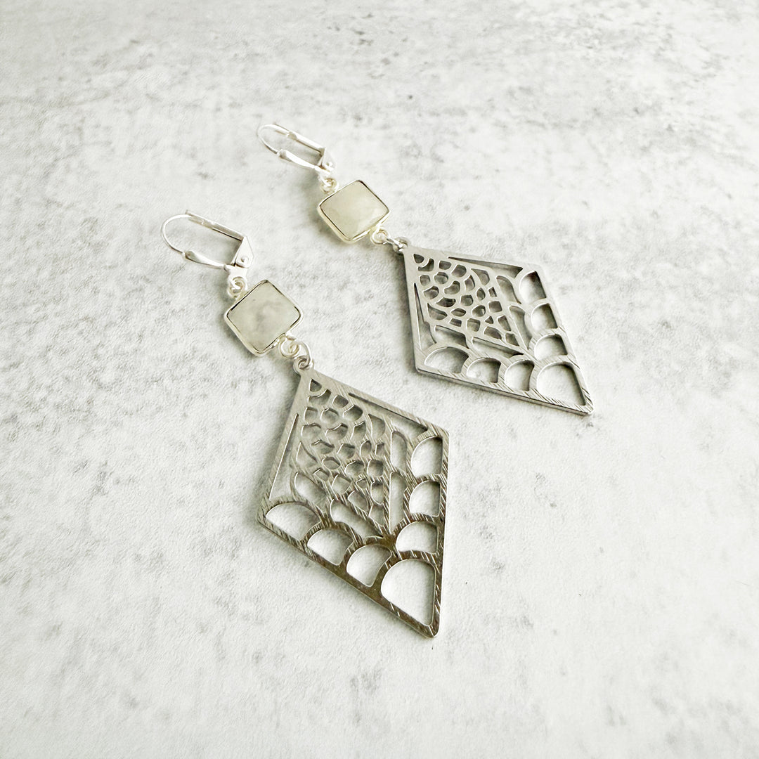 Moonstone and Patterned Diamond Earrings in Brushed Silver