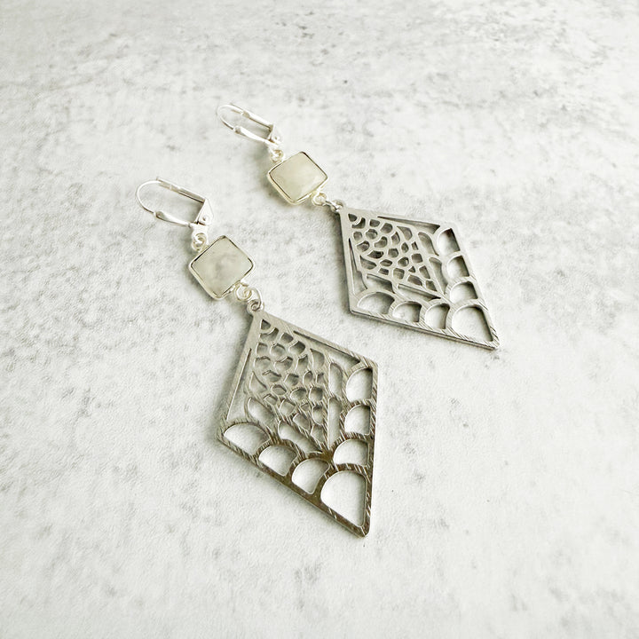 Moonstone and Patterned Diamond Earrings in Brushed Silver