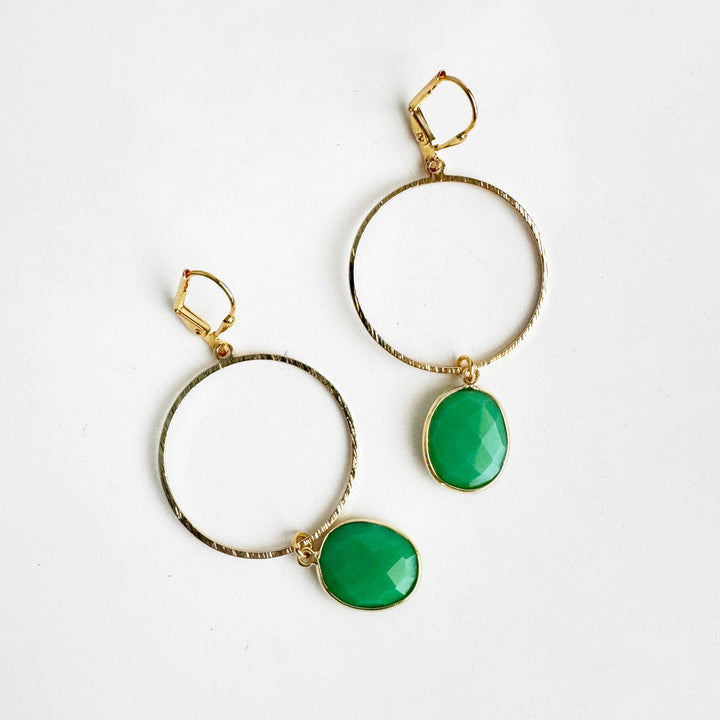 Green Onyx Hoop Dangle Earrings in Brushed Gold