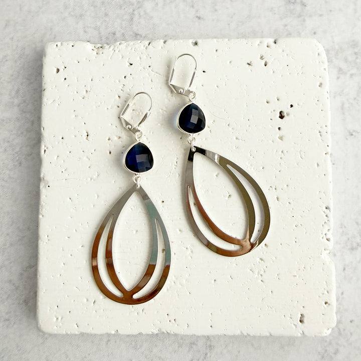 Blue Chalcedony and Layered Teardrop Statement Earrings in Silver