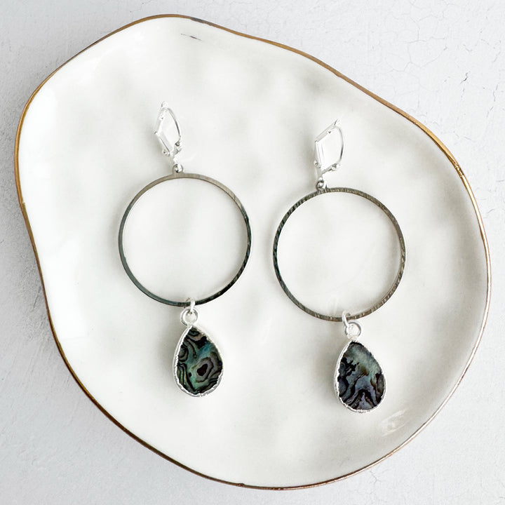 Abalone Teardrop Hoop Dangle Earrings in Brushed Silver