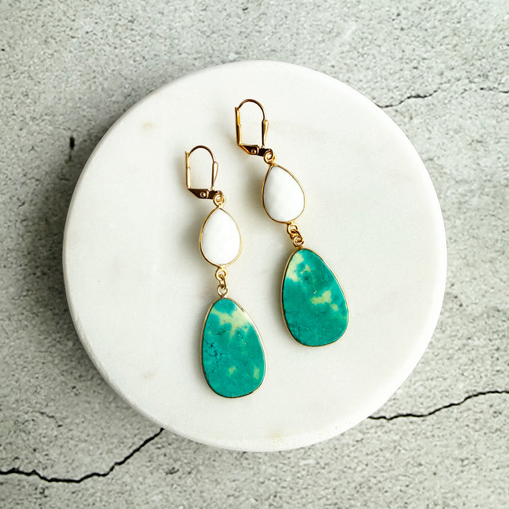 Turquoise & White Agate Stone Drop Earrings in Gold