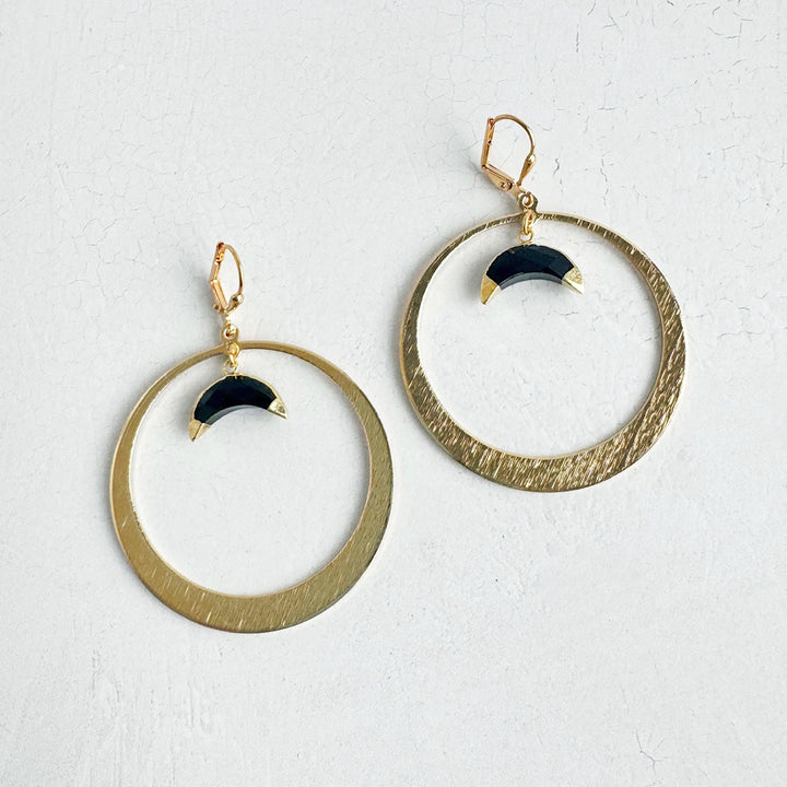 Black Onyx Crescent Hoop Earrings in Brushed Gold