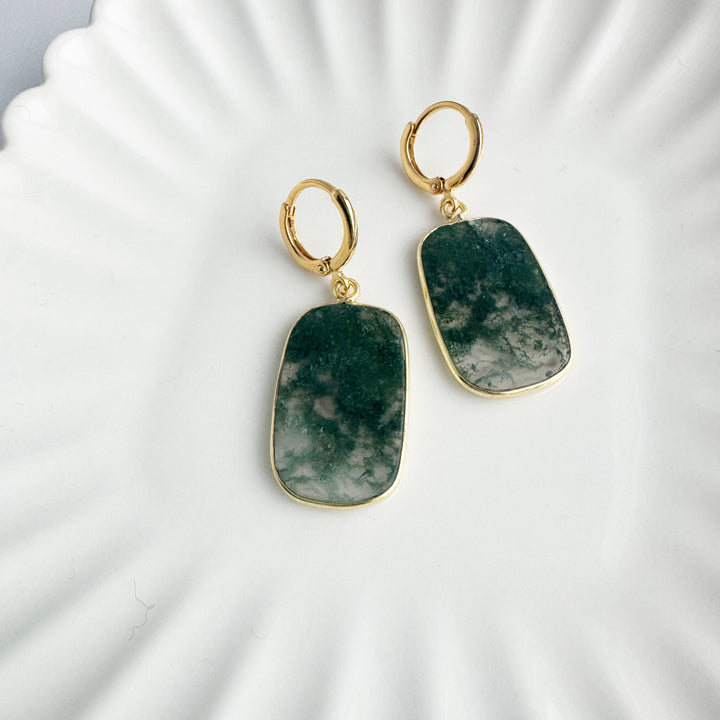 Statement Gemstone Slice Drop Earrings in Gold – Moss Agate