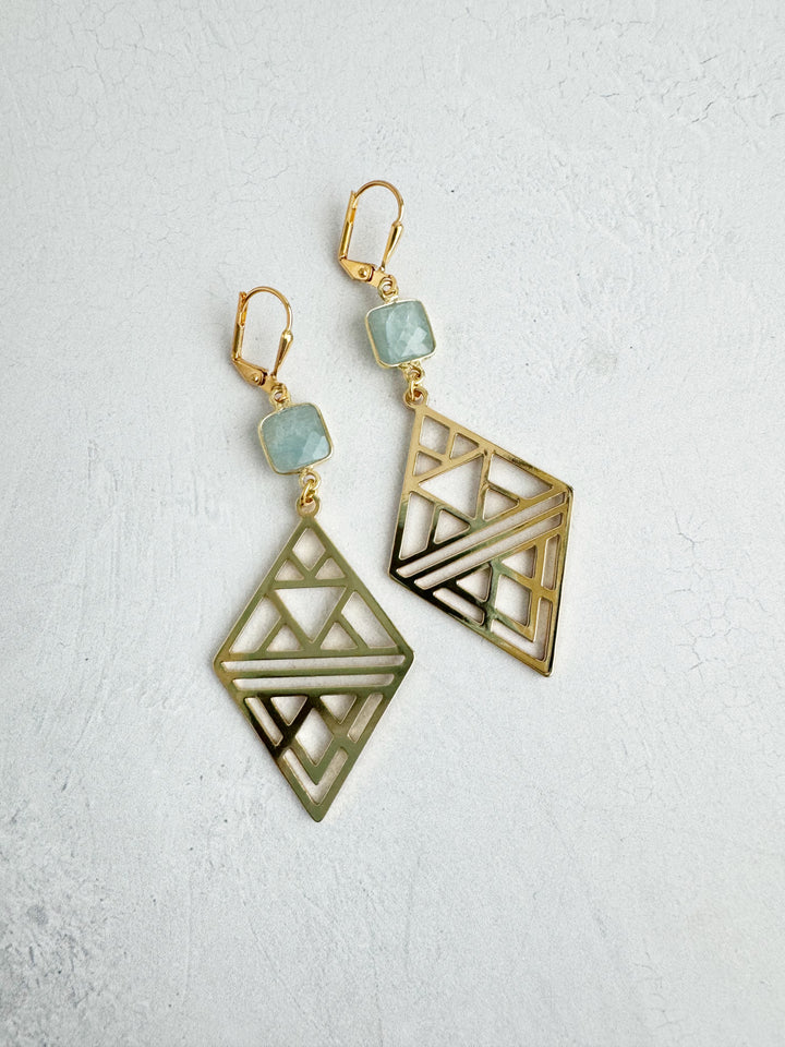 Gold Patterned Diamond Statement Earrings with Aquamarine Stones