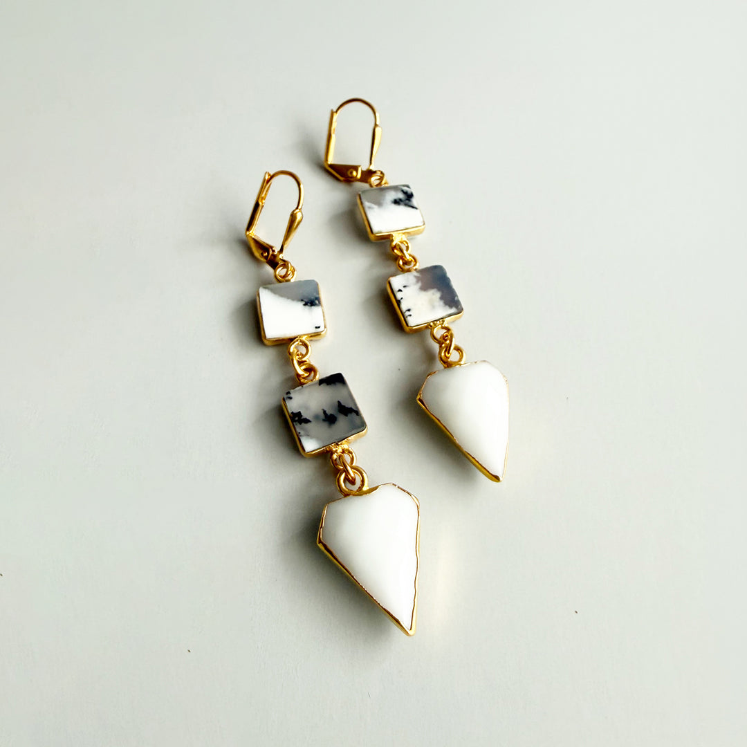 White Agate & Dendrite Opal Gemstone Drop Earrings in Gold