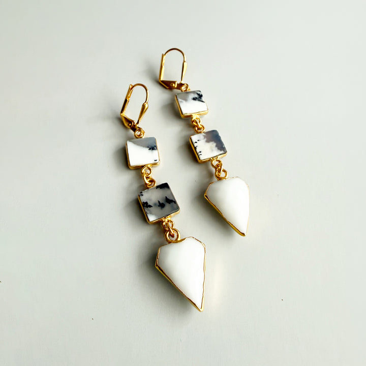 White Agate & Dendrite Opal Gemstone Drop Earrings in Gold