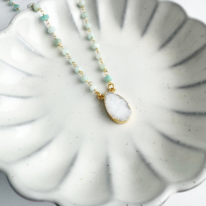 White Druzy Teardrop and Amazonite Beaded Necklace in Gold