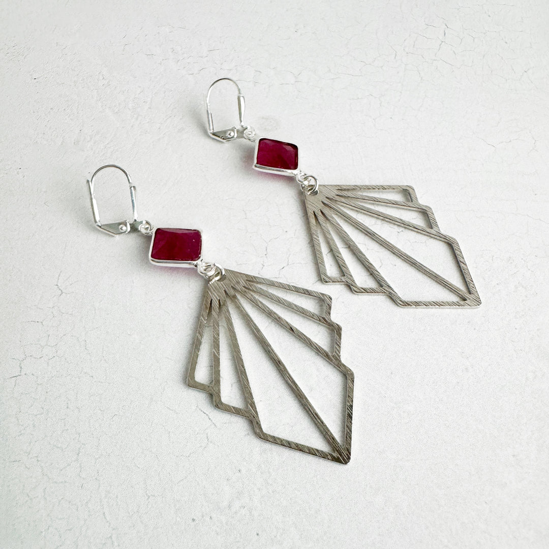 Ruby and Layered Fan Statement Earrings in Brushed Silver