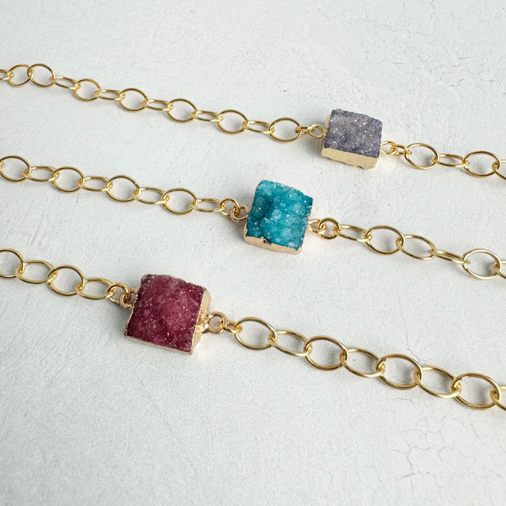 Druzy Square Bracelet with Chunky Gold Chain