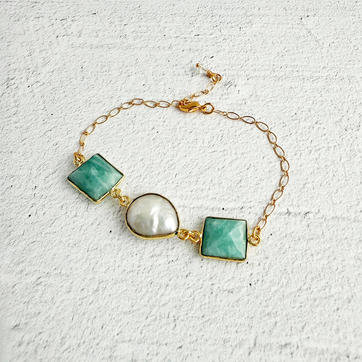 Triple Jewel Bracelet in Gold with Amazonite and Mother of Pearl