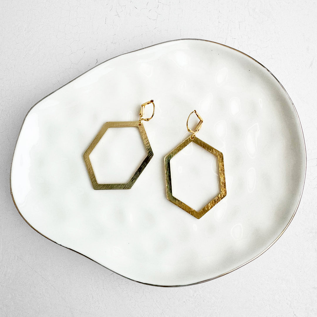 Hexagon Dangle Earrings in Brushed Gold