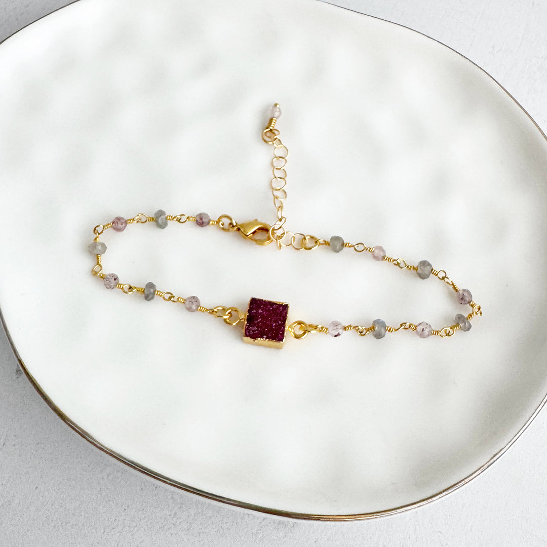 Burgundy Druzy and Strawberry Quartz Beaded Chain Bracelet in Gold