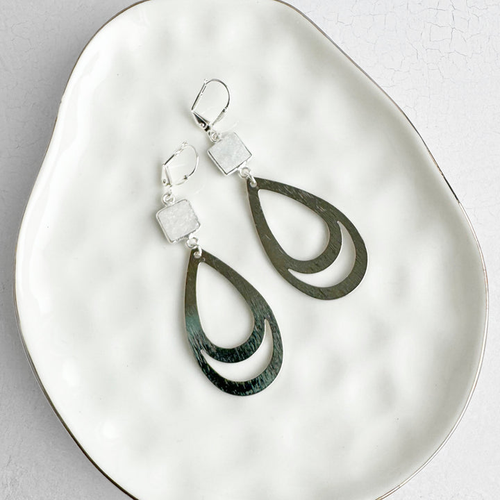 White Druzy Double Teardrop Earrings in Brushed Silver