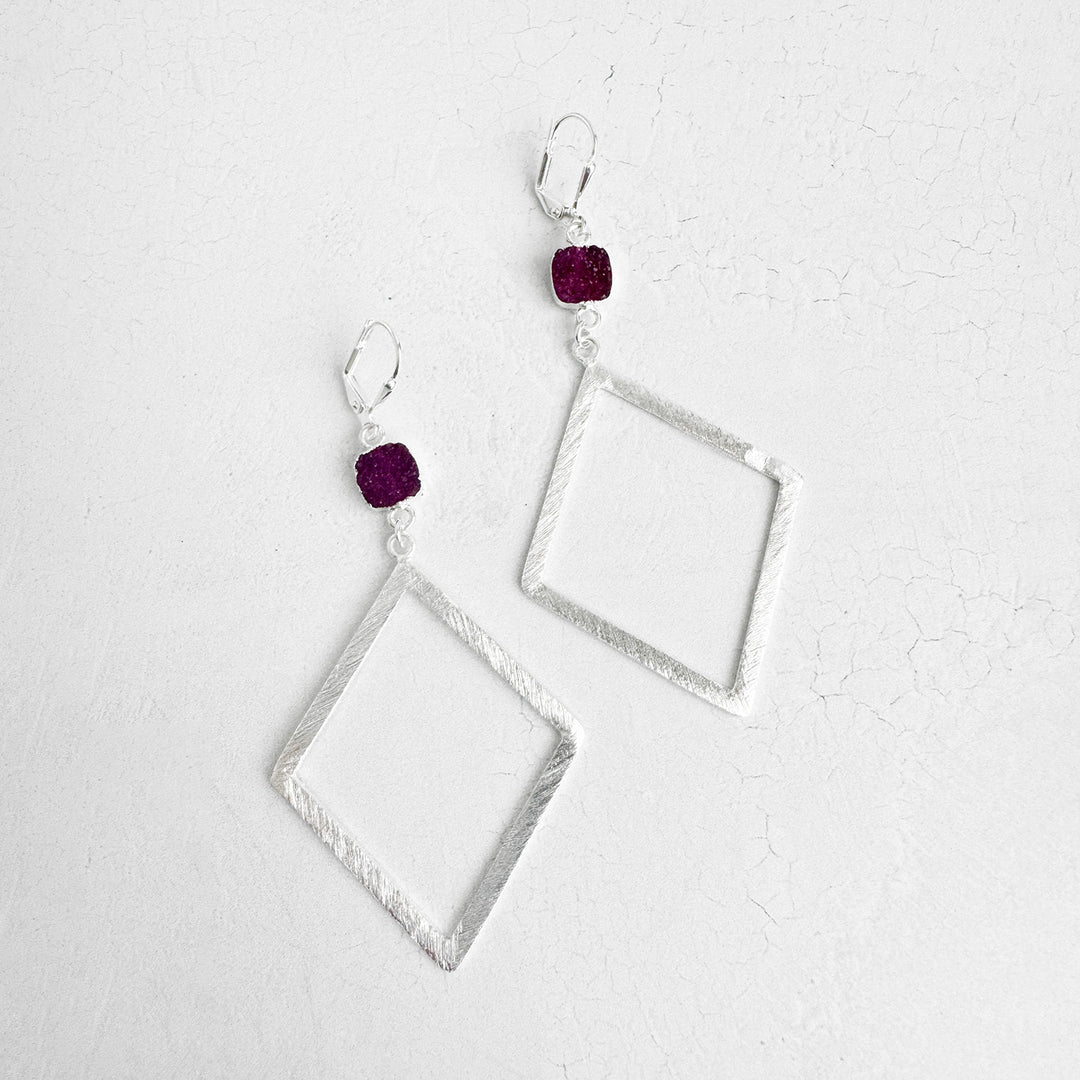 Fuchsia Druzy Diamond Pendant Earrings in Brushed Silver