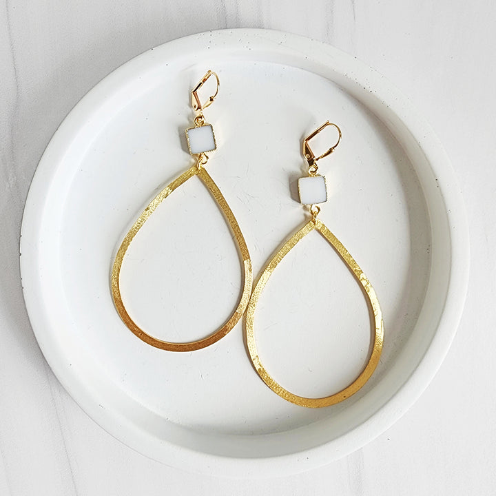 Large Teardrop and White Agate Dangle Earrings in Brushed Brass Gold