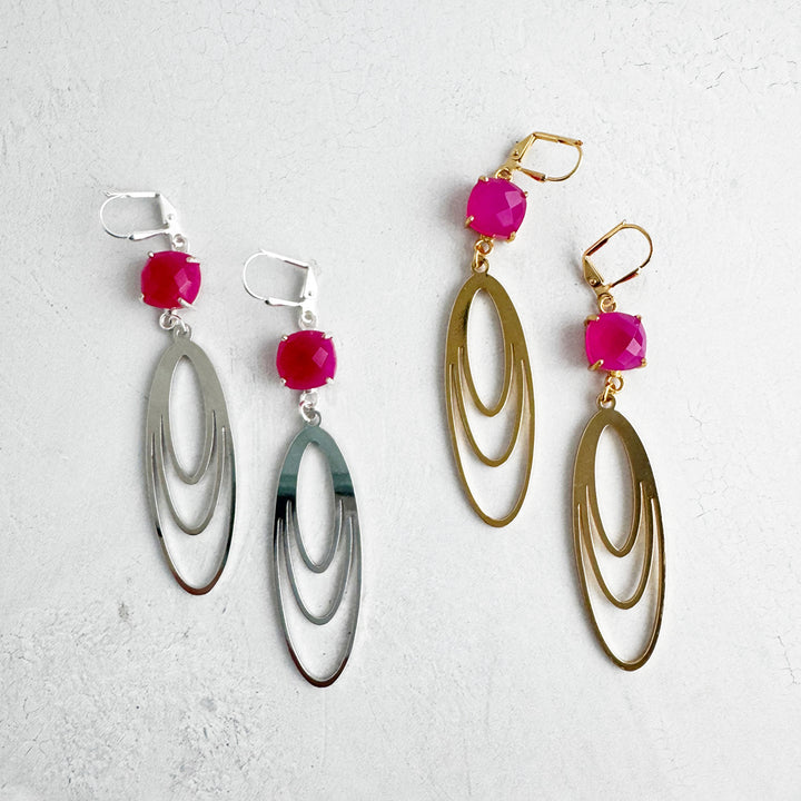 Pink Chalcedony and Layered Oval Earrings in Brushed Gold and Silver