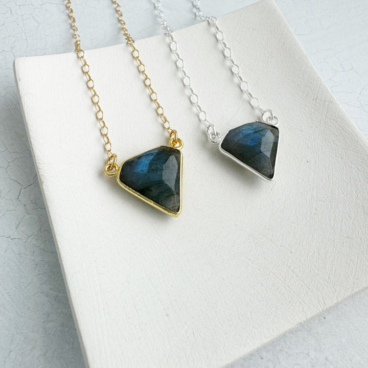 Labradorite Triangle Bezel Necklace in Gold and Silver