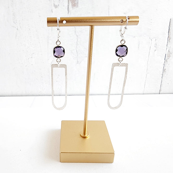 Purple Stone Horseshoe Dangle Earrings in Brushed Silver