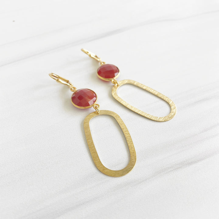 Carnelian Statement Earrings with Brushed Gold Oval Pendants