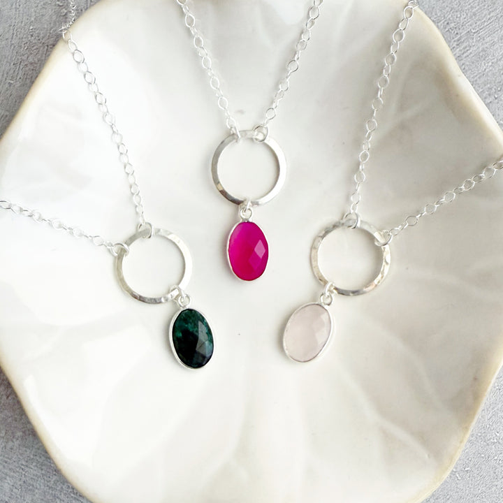 Gemstone and Circle Pendant Necklaces in Silver